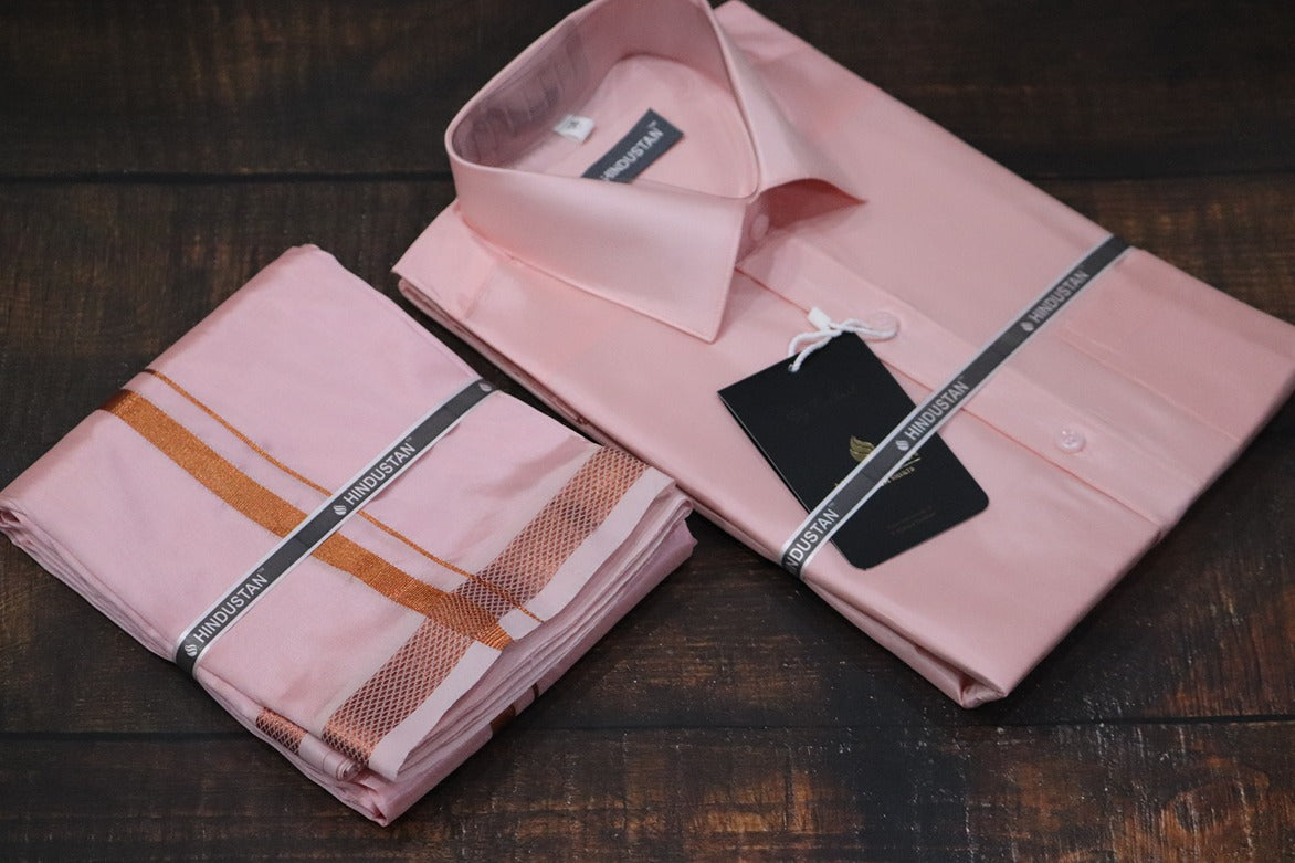 Artsilk Neon Pink Shirt + Dhoti with 50k Copper Border Set - Full Sleeve