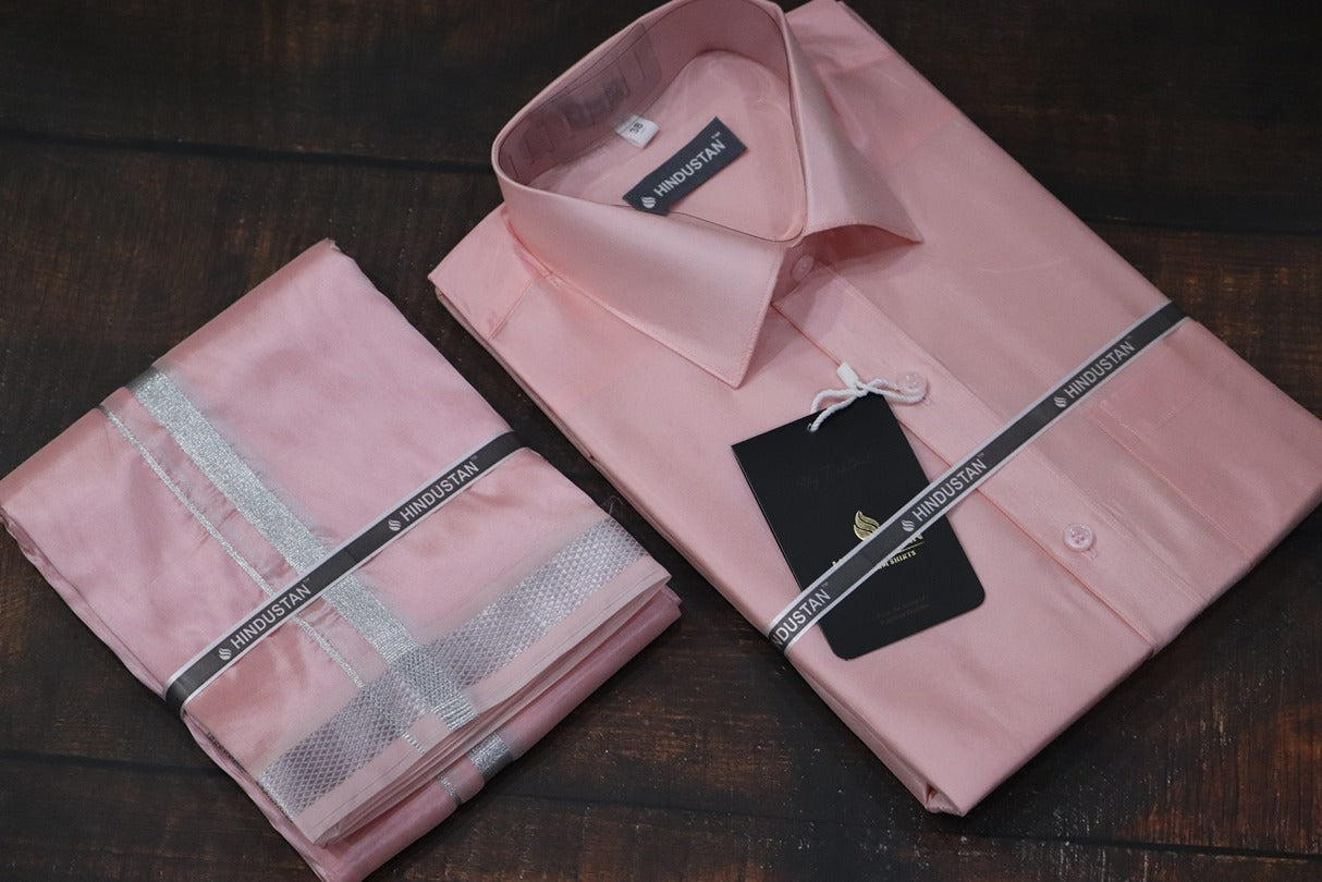 Artsilk Neon Pink Shirt + Dhoti with 50k Silver Border Set - Full Sleeve