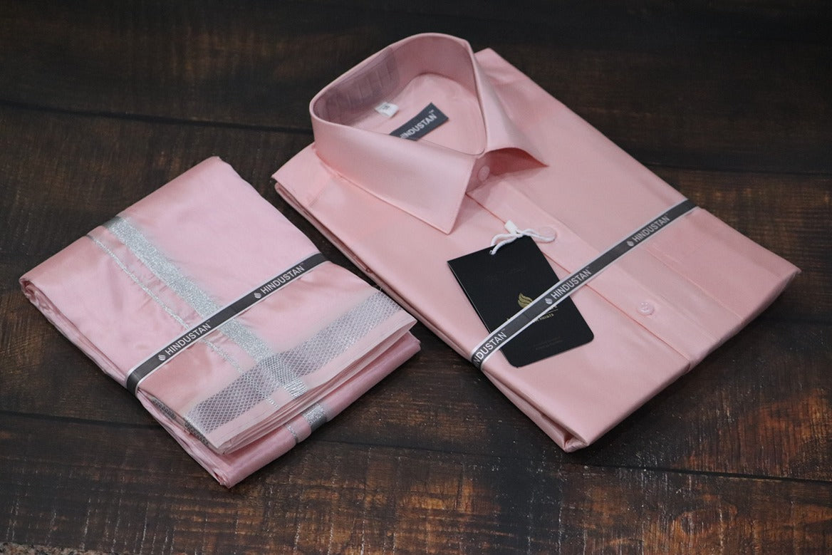 Artsilk Neon Pink Shirt + Dhoti with 50k Silver Border Set - Full Sleeve