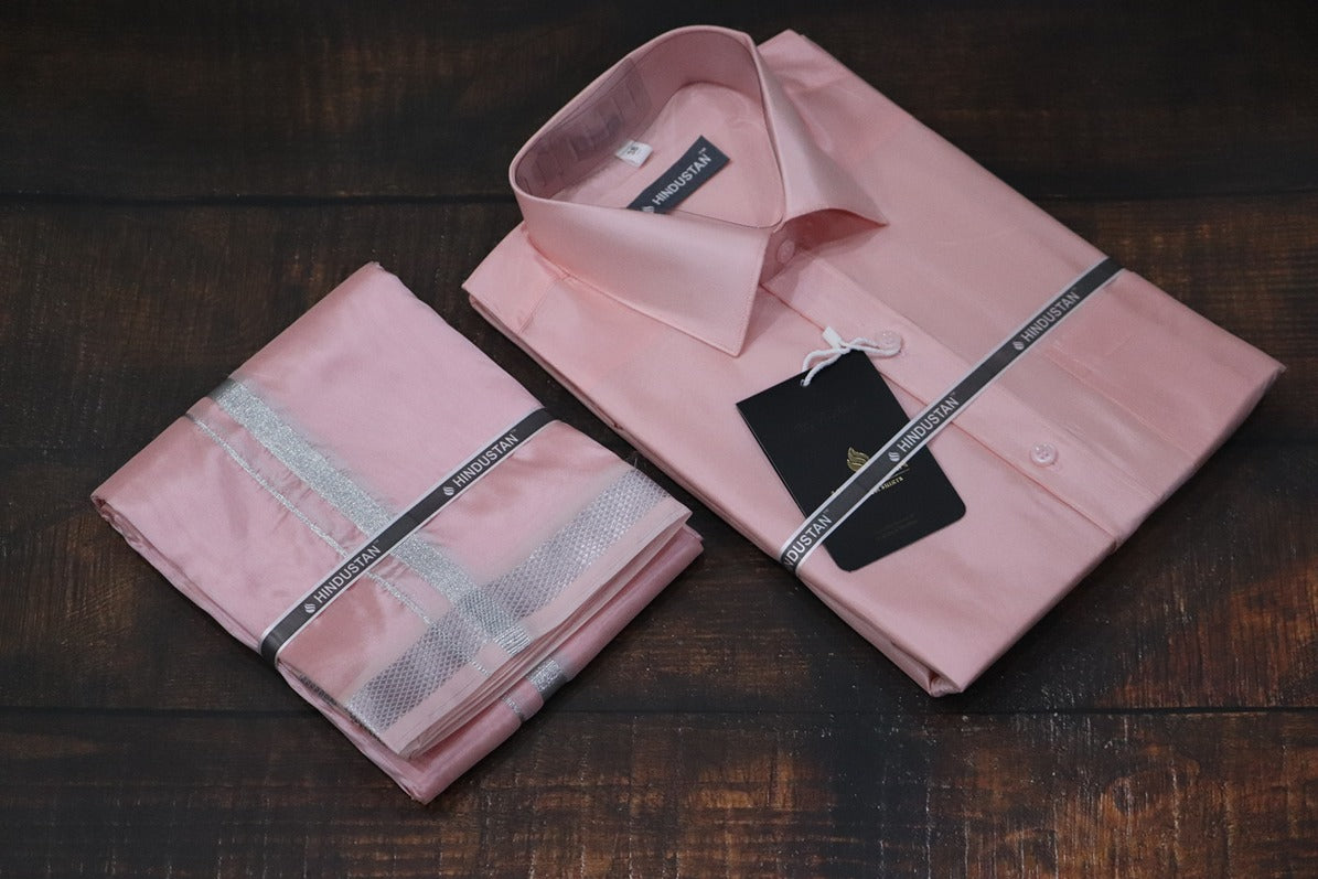 Artsilk Neon Pink Shirt + Dhoti with 50k Silver Border Set - Full Sleeve
