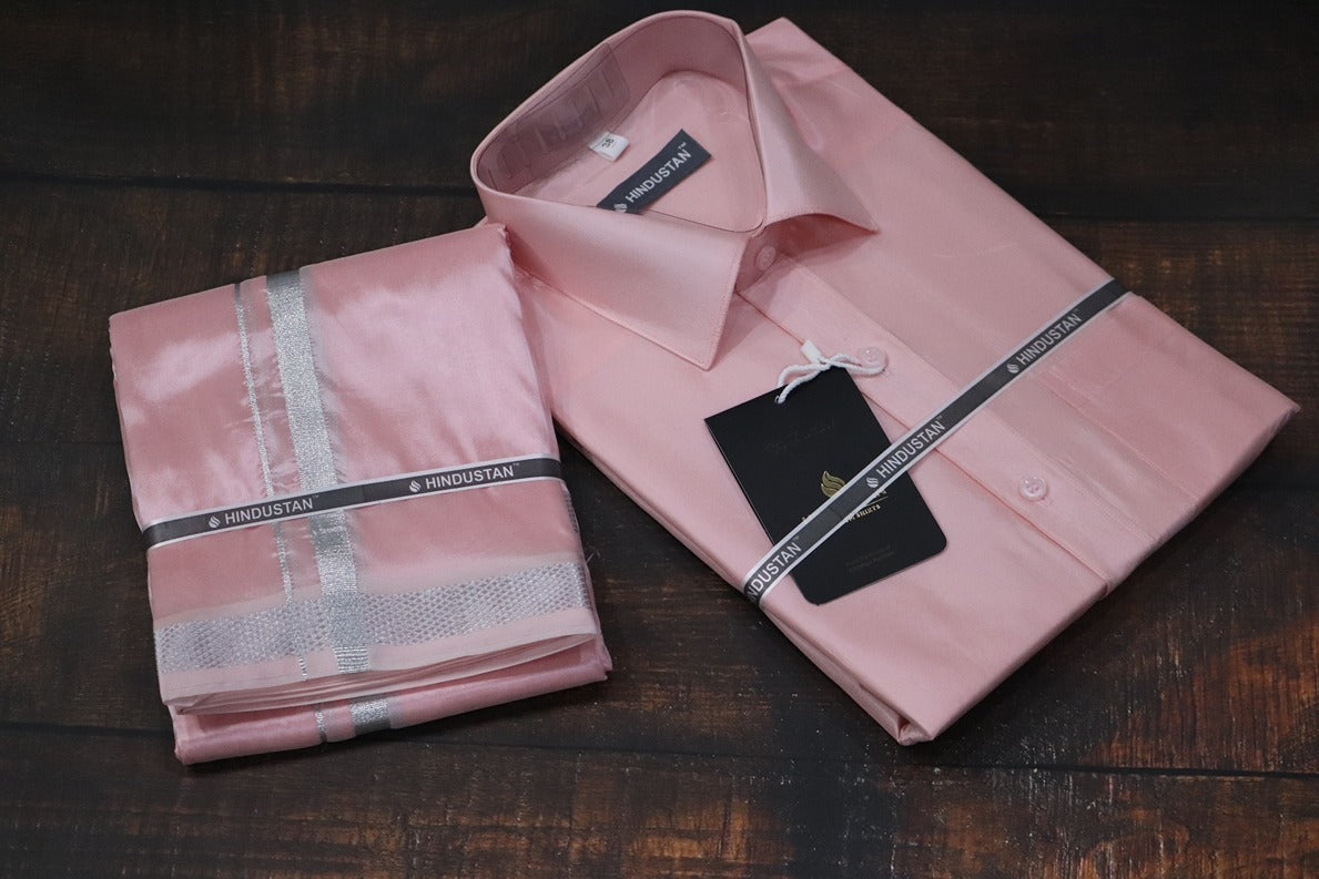 Artsilk Neon Pink Shirt Dhoti with 50k Silver Border Set Full Sleeve