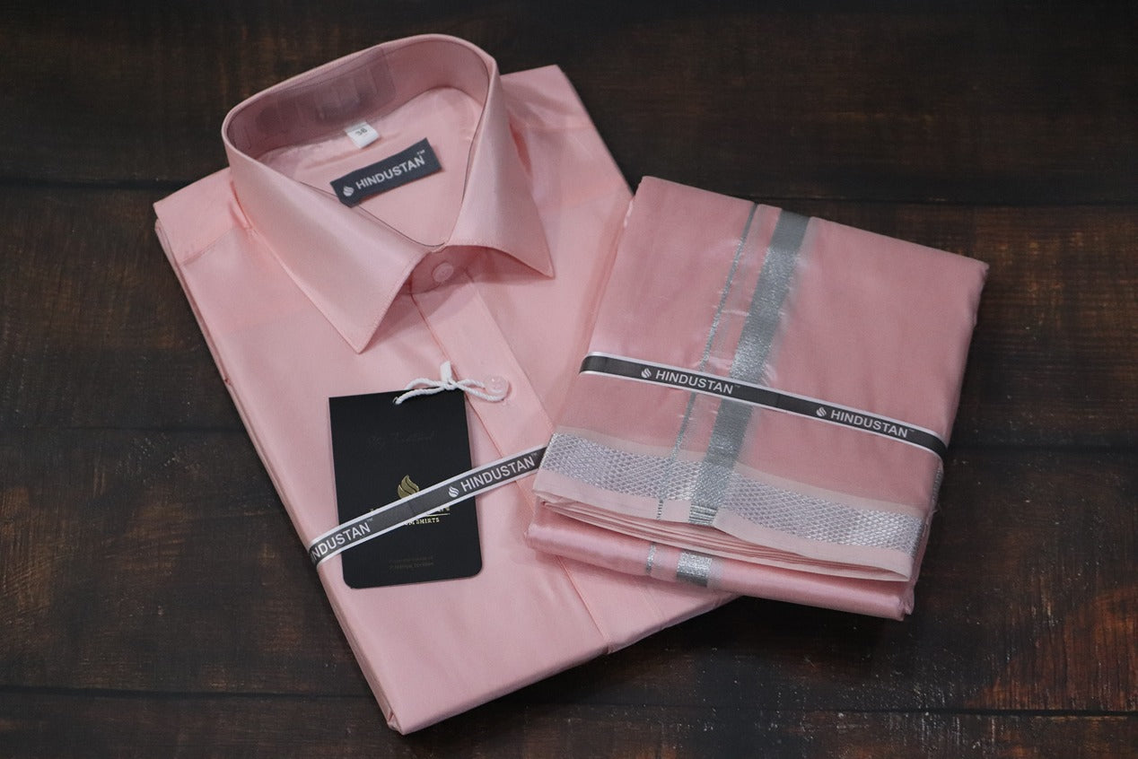 Artsilk Neon Pink Shirt + Dhoti with 50k Silver Border Set - Full Sleeve