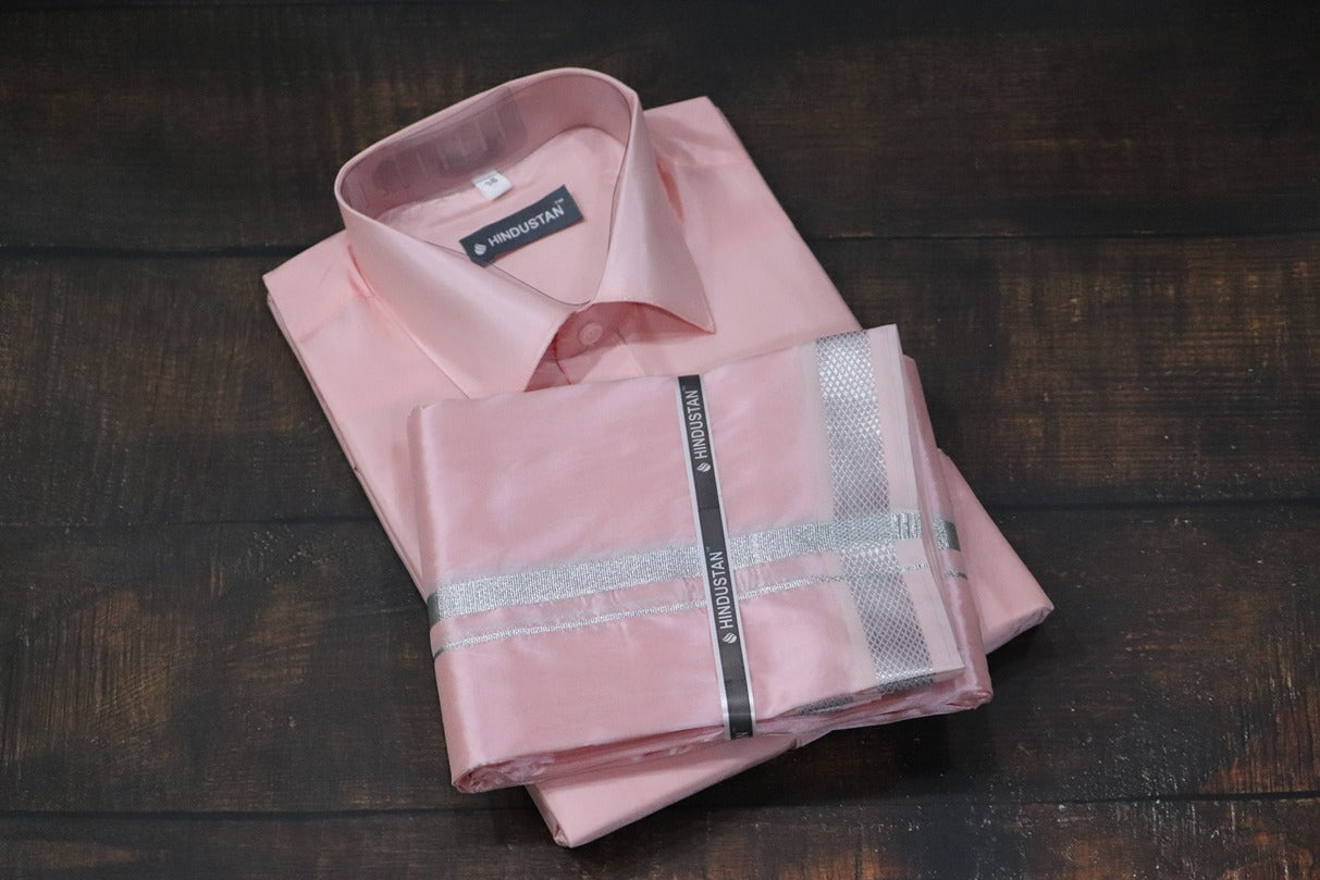 Artsilk Neon Pink Shirt + Dhoti with 50k Silver Border Set - Full Sleeve
