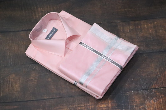 Artsilk Neon Pink Shirt + Dhoti with 50k Silver Border Set - Full Sleeve
