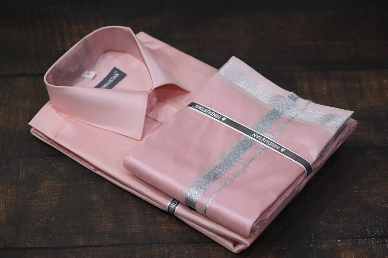 Artsilk Neon Pink Shirt + Dhoti with 50k Silver Border Set - Full Sleeve