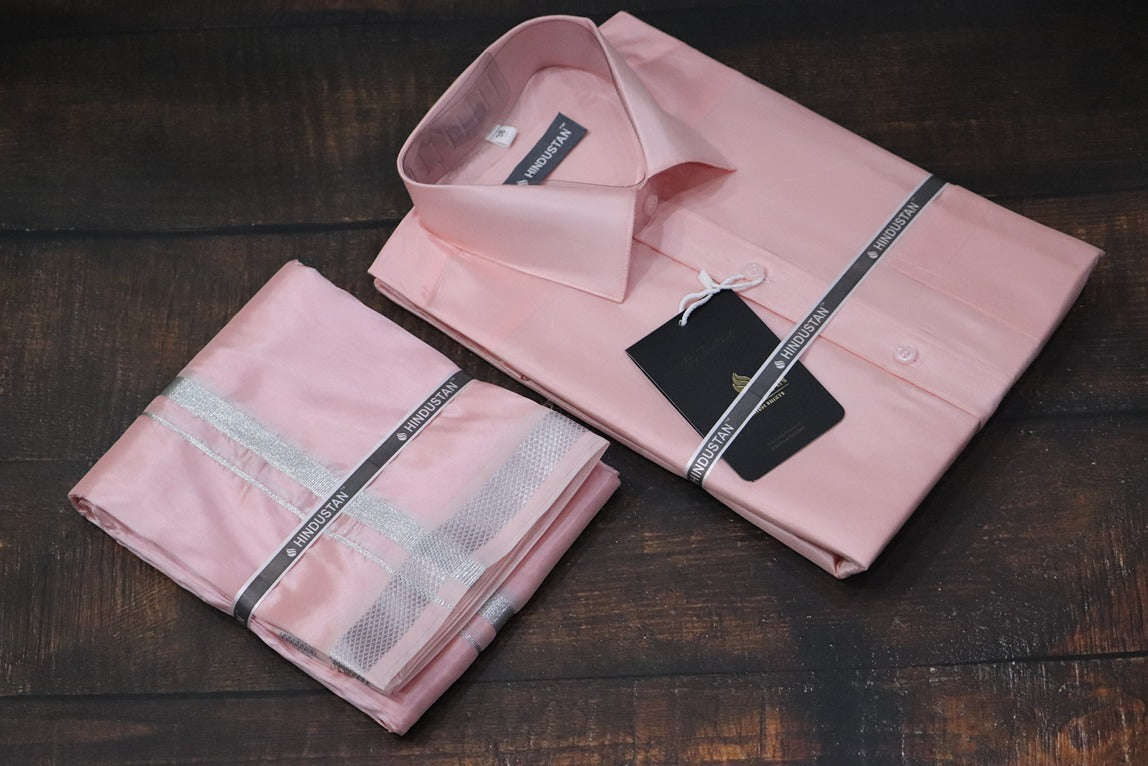 Artsilk Neon Pink Shirt + Dhoti with 50k Silver Border Set - Full Sleeve