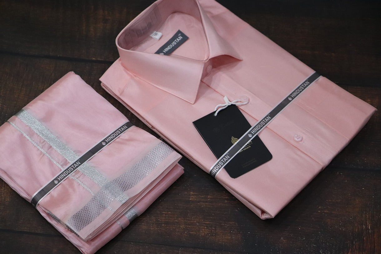 Artsilk Neon Pink Shirt + Dhoti with 50k Silver Border Set - Full Sleeve