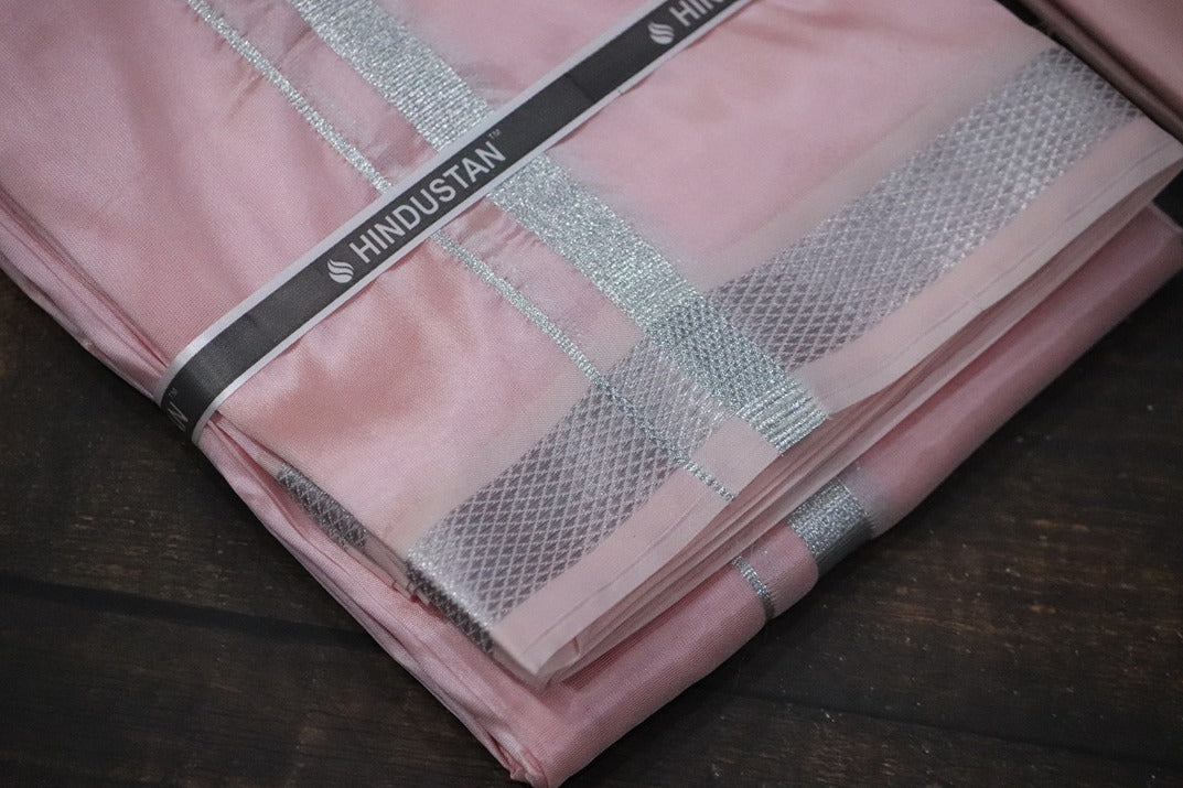 Artsilk Neon Pink Shirt + Dhoti with 50k Silver Border Set - Full Sleeve