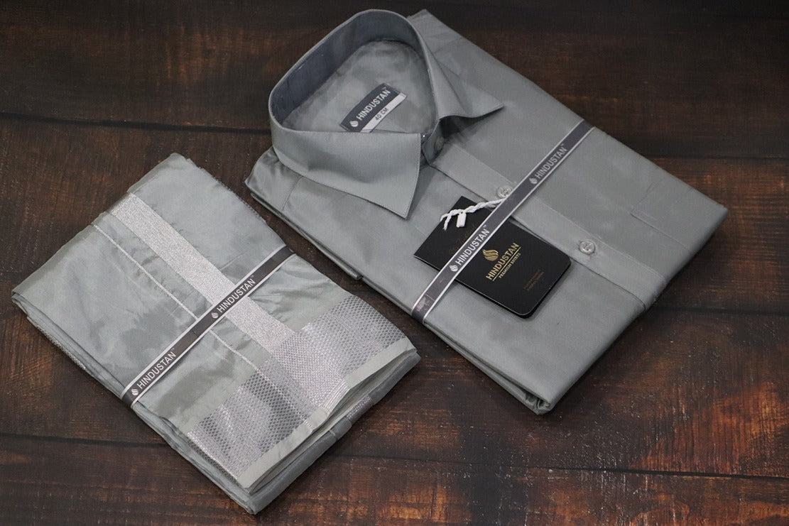 Artsilk Steel Grey Shirt + Dhoti with  100k Silver Border Set - Full Sleeve