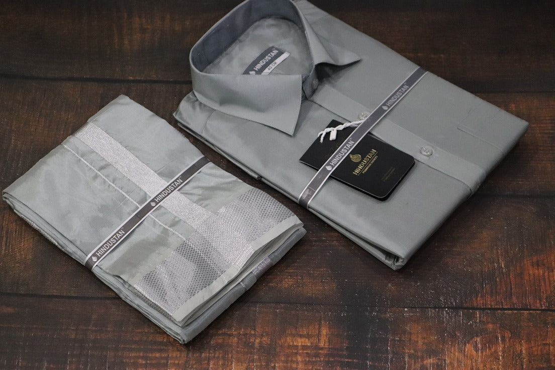 Artsilk Steel Grey Shirt + Dhoti with  100k Silver Border Set - Full Sleeve