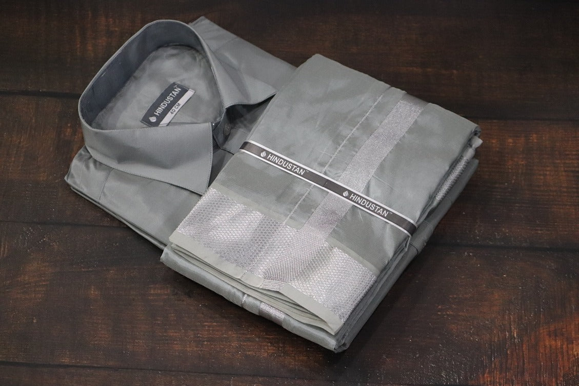 Artsilk Steel Grey Shirt + Dhoti with  100k Silver Border Set - Full Sleeve
