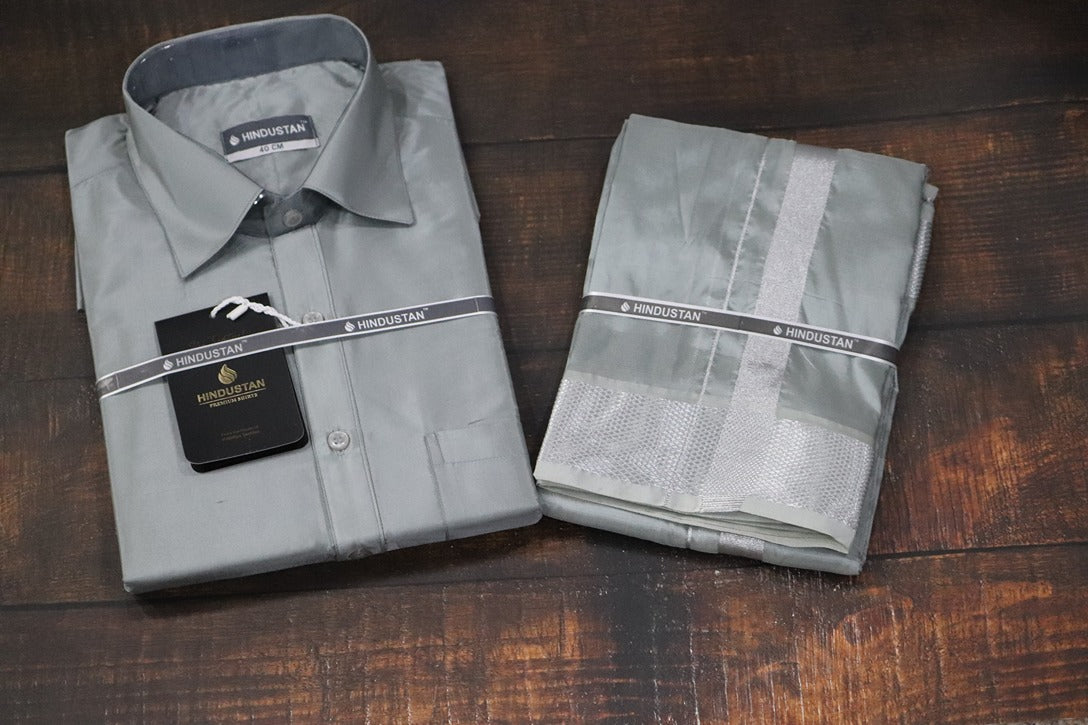 Artsilk Steel Grey Shirt + Dhoti with  100k Silver Border Set - Full Sleeve