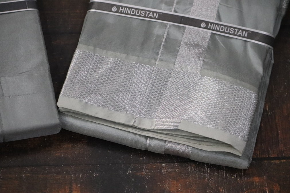 Artsilk Steel Grey Shirt + Dhoti with  100k Silver Border Set - Full Sleeve