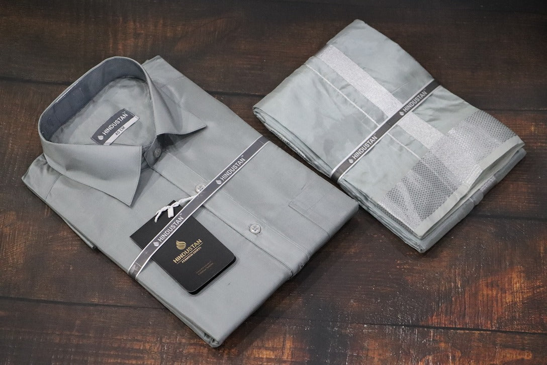 Artsilk Steel Grey Shirt + Dhoti with  100k Silver Border Set - Full Sleeve