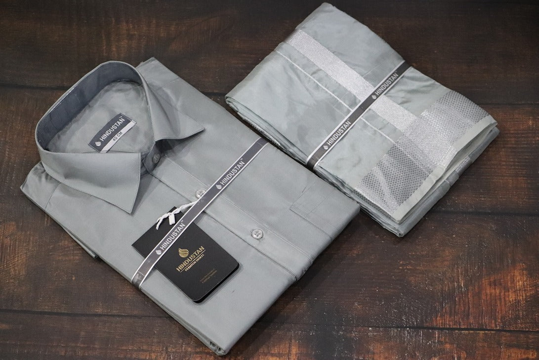 Artsilk Steel Grey Shirt + Dhoti with  100k Silver Border Set - Full Sleeve