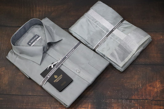 Artsilk Steel Grey Shirt + Dhoti with  100k Silver Border Set - Full Sleeve