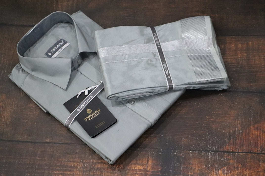 Artsilk Steel Grey Shirt + Dhoti with  100k Silver Border Set - Full Sleeve