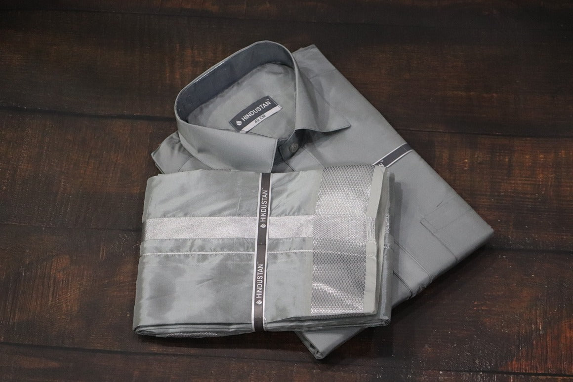 Artsilk Steel Grey Shirt + Dhoti with  100k Silver Border Set - Full Sleeve