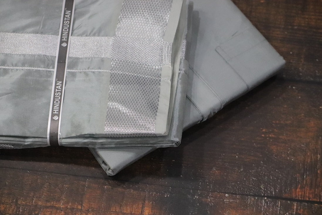 Artsilk Steel Grey Shirt + Dhoti with  100k Silver Border Set - Full Sleeve