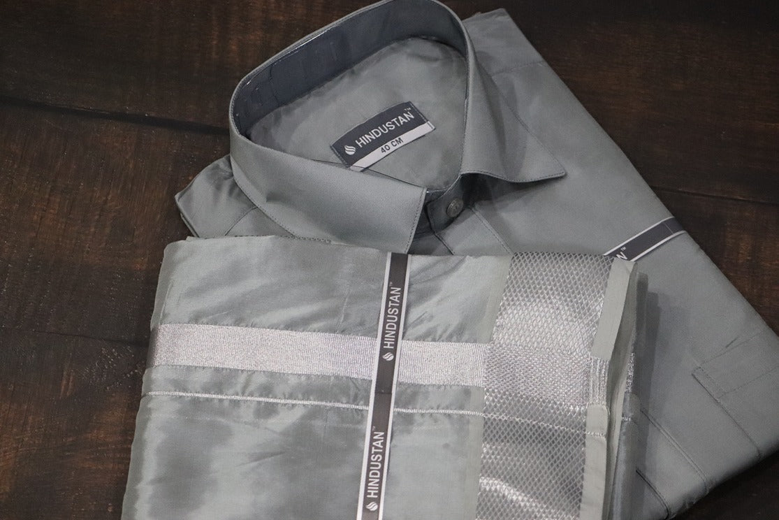 Artsilk Steel Grey Shirt + Dhoti with  100k Silver Border Set - Full Sleeve