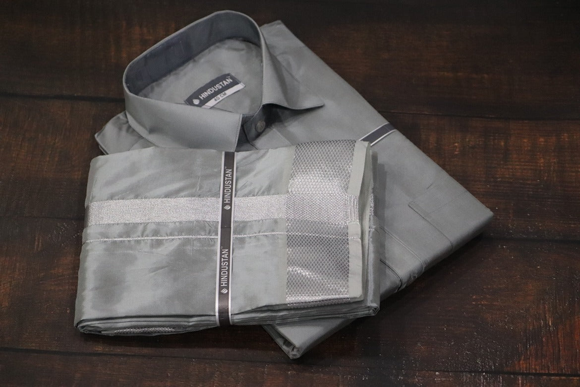 Artsilk Steel Grey Shirt + Dhoti with  100k Silver Border Set - Full Sleeve
