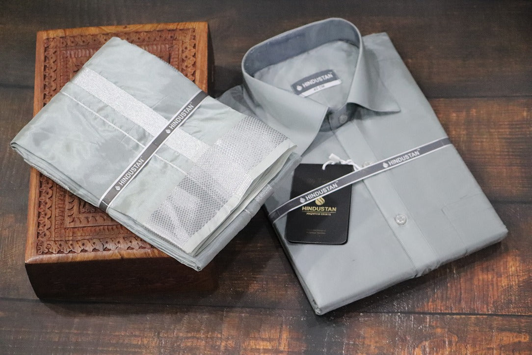 Artsilk Steel Grey Shirt + Dhoti with  100k Silver Border Set - Full Sleeve