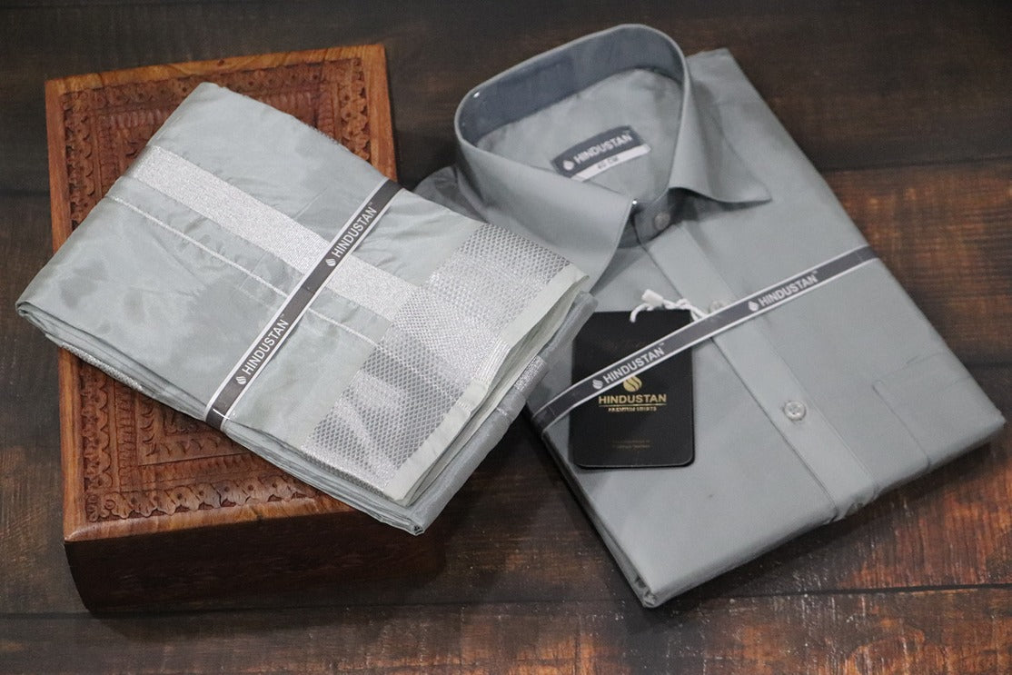 Artsilk Steel Grey Shirt + Dhoti with  100k Silver Border Set - Full Sleeve
