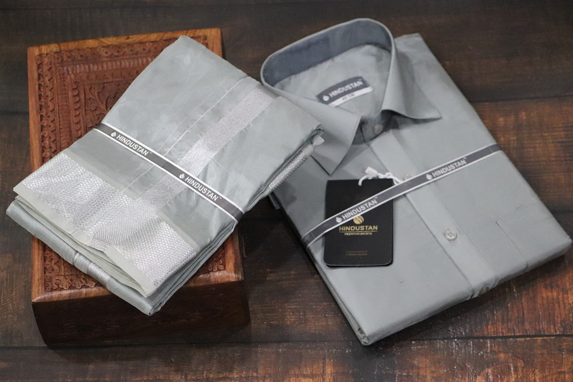 Artsilk Steel Grey Shirt + Dhoti with  100k Silver Border Set - Full Sleeve