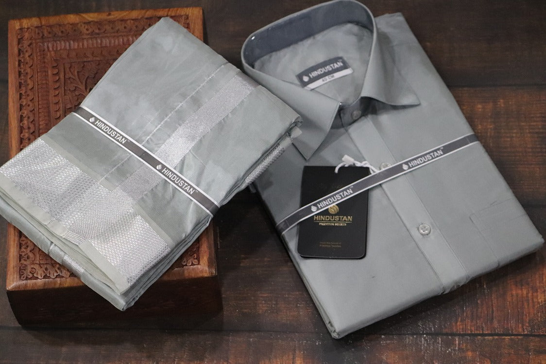 Artsilk Steel Grey Shirt + Dhoti with  100k Silver Border Set - Full Sleeve