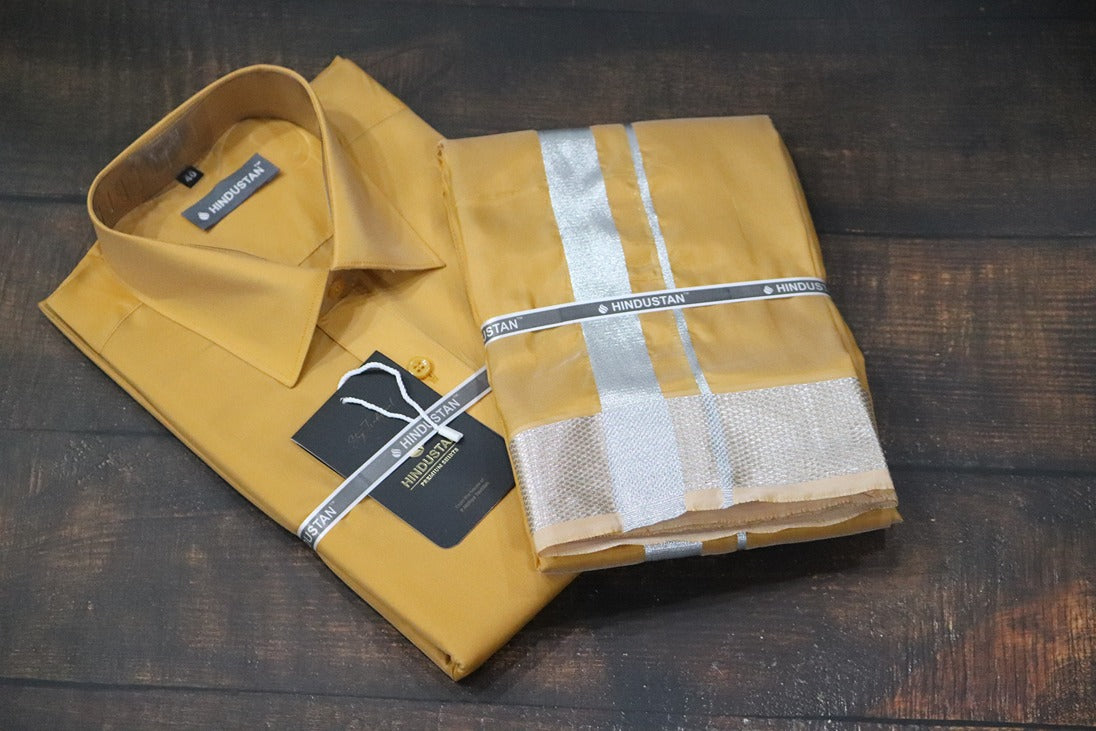 Artsilk Honey Gold Shirt + Dhoti with 100k Silver Border Set - Full Sleeve