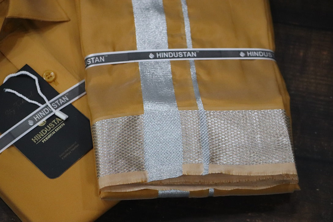 Artsilk Honey Gold Shirt + Dhoti with 100k Silver Border Set - Full Sleeve