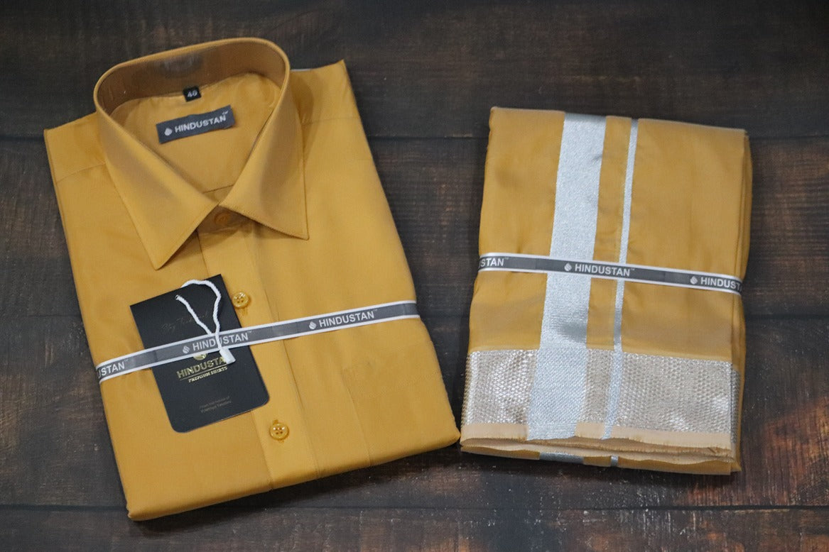Artsilk Honey Gold Shirt + Dhoti with 100k Silver Border Set - Full Sleeve