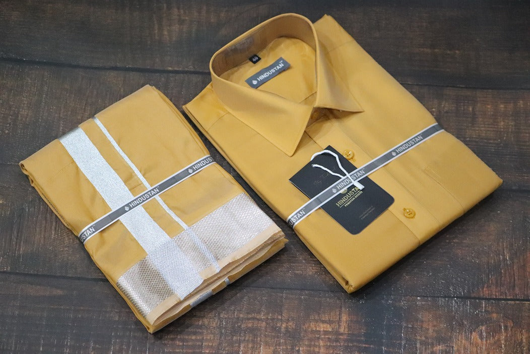 Artsilk Honey Gold Shirt + Dhoti with 100k Silver Border Set - Full Sleeve