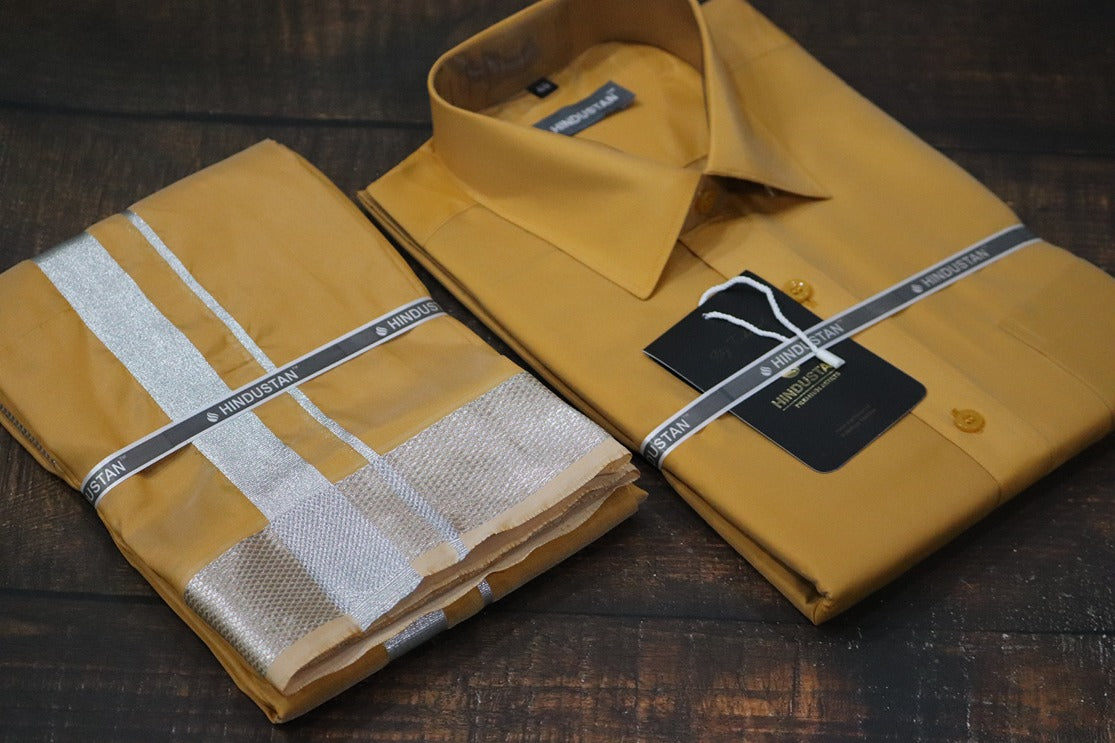 Artsilk Honey Gold Shirt + Dhoti with 100k Silver Border Set - Full Sleeve