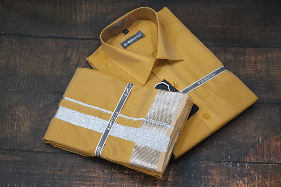 Artsilk Honey Gold Shirt + Dhoti with 100k Silver Border Set - Full Sleeve