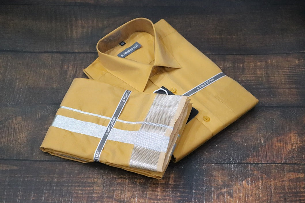 Artsilk Honey Gold Shirt + Dhoti with 100k Silver Border Set - Full Sleeve