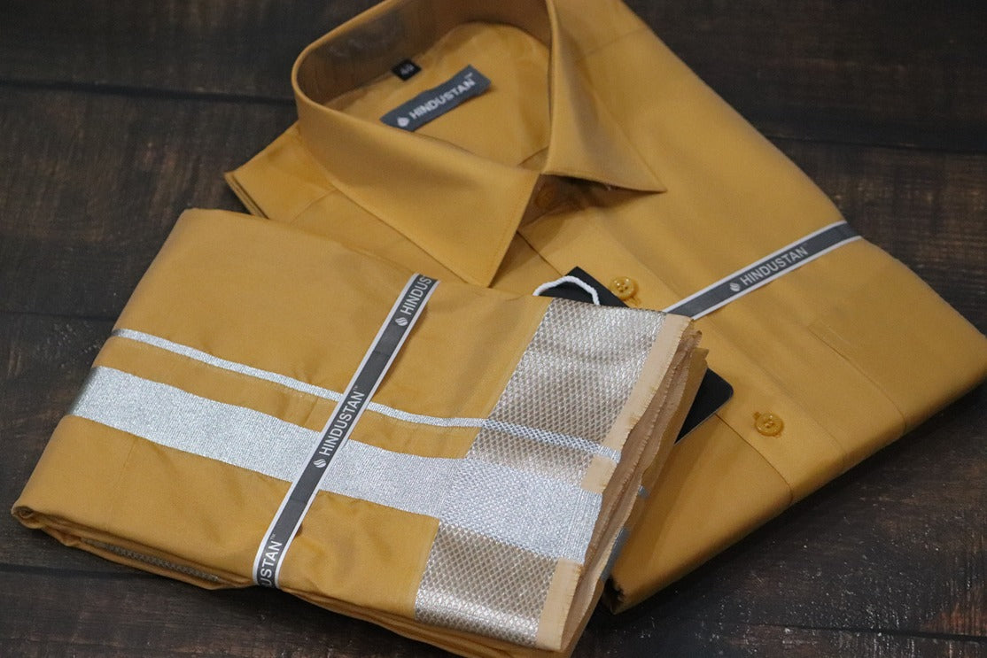 Artsilk Honey Gold Shirt + Dhoti with 100k Silver Border Set - Full Sleeve