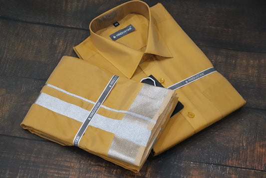 Artsilk Honey Gold Shirt + Dhoti with 100k Silver Border Set - Full Sleeve