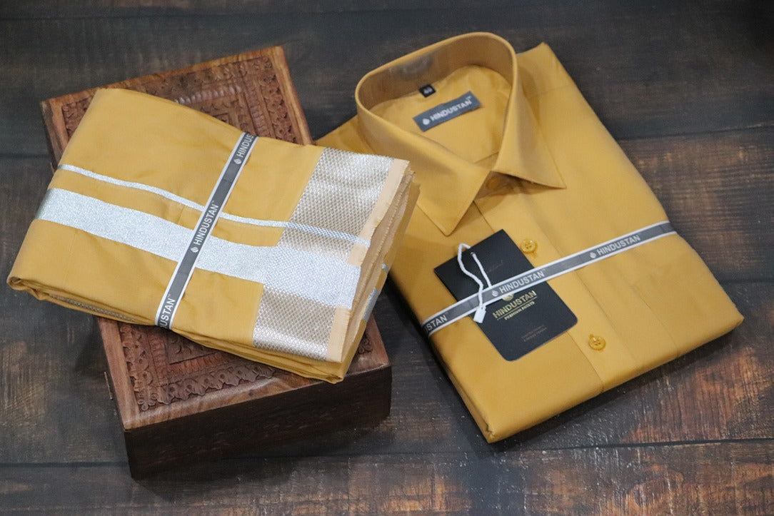 Artsilk Honey Gold Shirt + Dhoti with 100k Silver Border Set - Full Sleeve