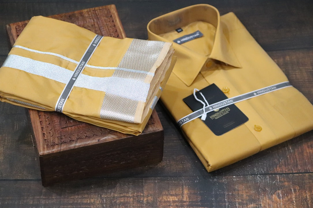 Artsilk Honey Gold Shirt + Dhoti with 100k Silver Border Set - Full Sleeve