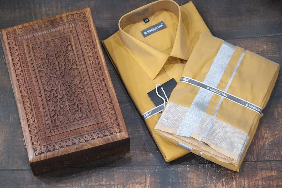 Artsilk Honey Gold Shirt + Dhoti with 100k Silver Border Set - Full Sleeve