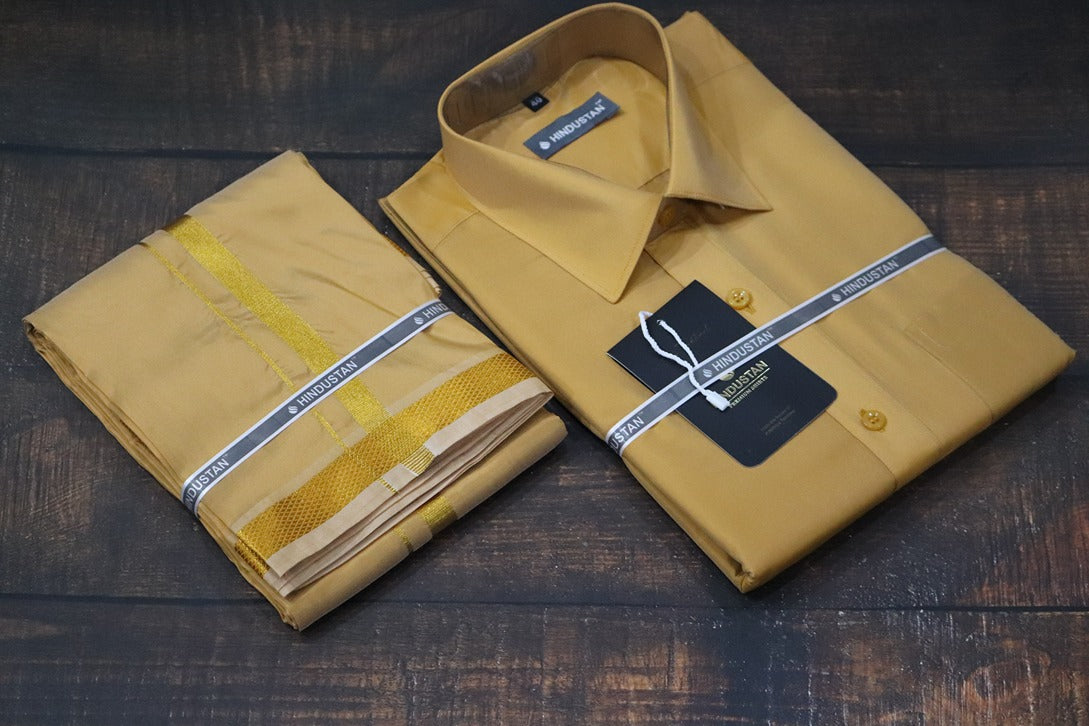 Artsilk Honey Gold Shirt + Dhoti with 50k Gold Border Set - Full Sleeve