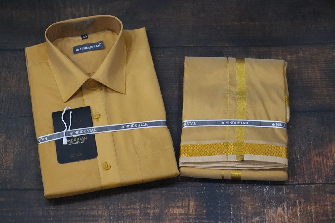 Artsilk Honey Gold Shirt + Dhoti with 50k Gold Border Set - Full Sleeve
