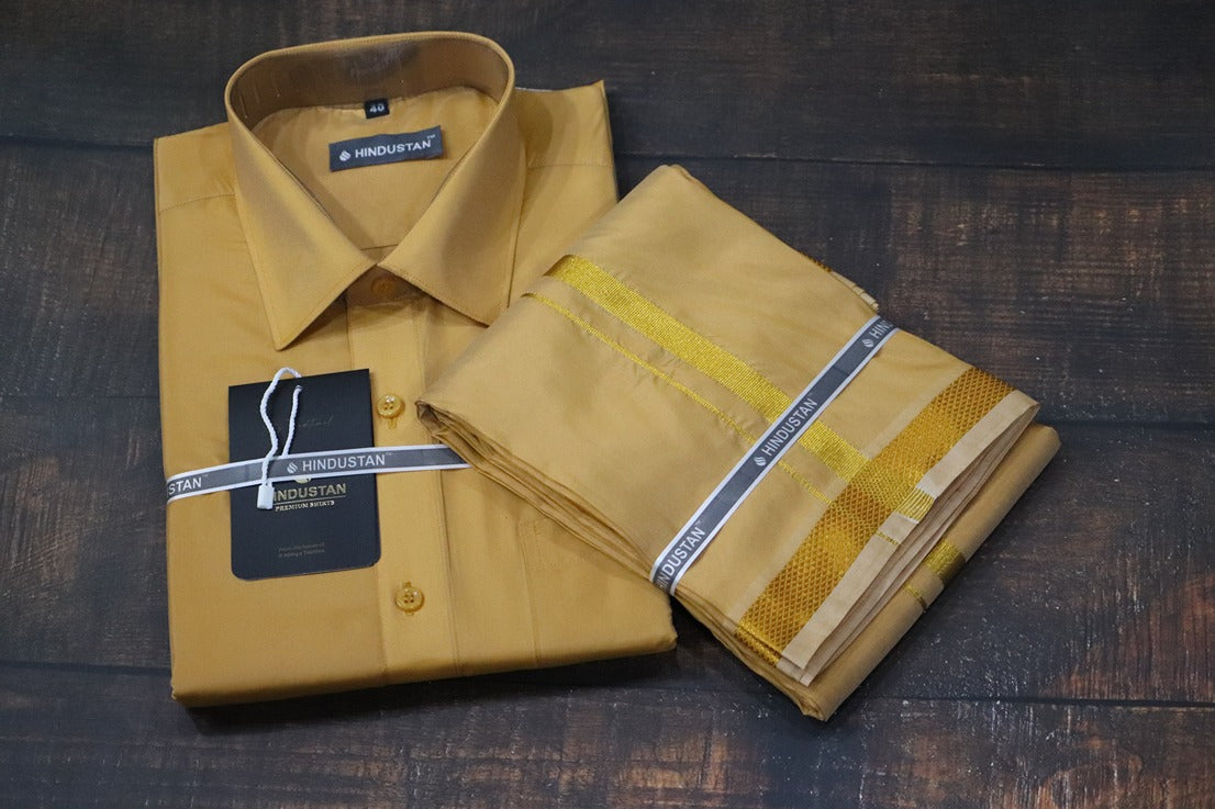 Artsilk Honey Gold Shirt + Dhoti with 50k Gold Border Set - Full Sleeve