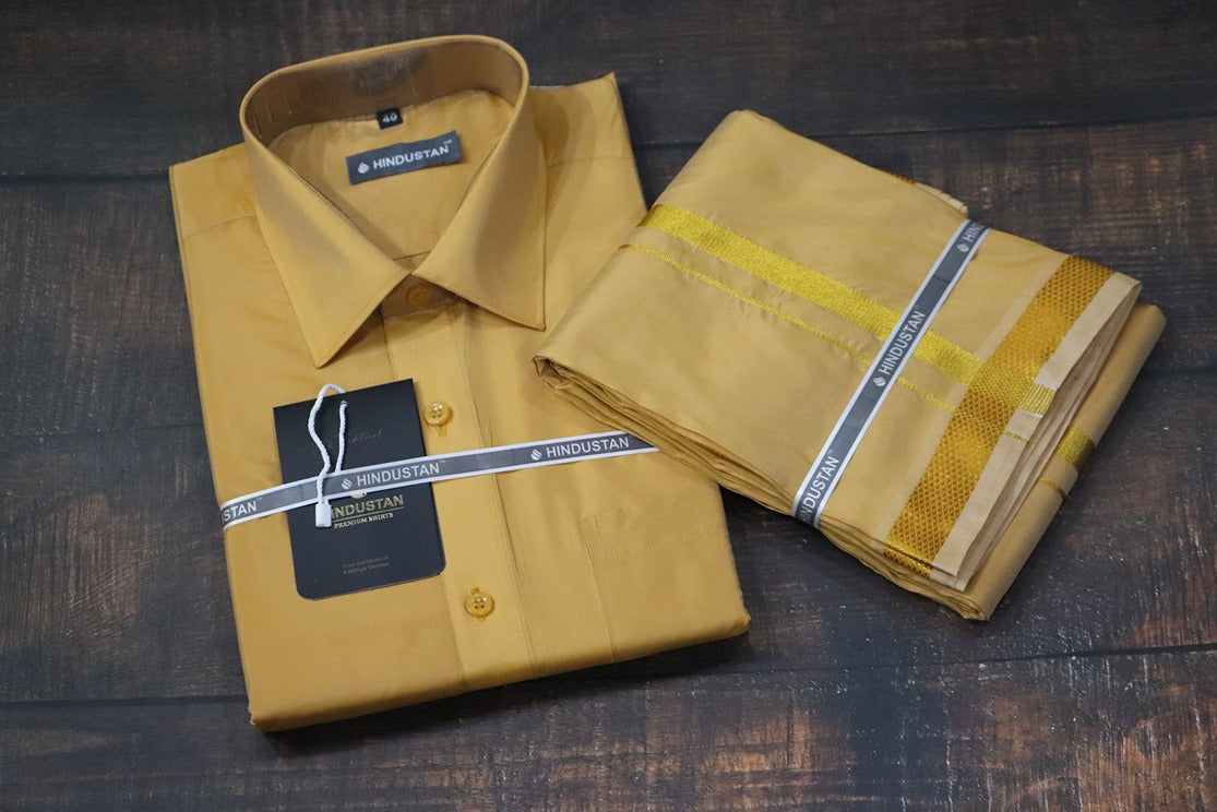 Artsilk Honey Gold Shirt + Dhoti with 50k Gold Border Set - Full Sleeve