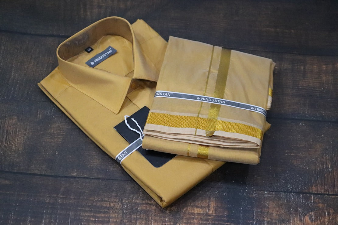 Artsilk Honey Gold Shirt + Dhoti with 50k Gold Border Set - Full Sleeve