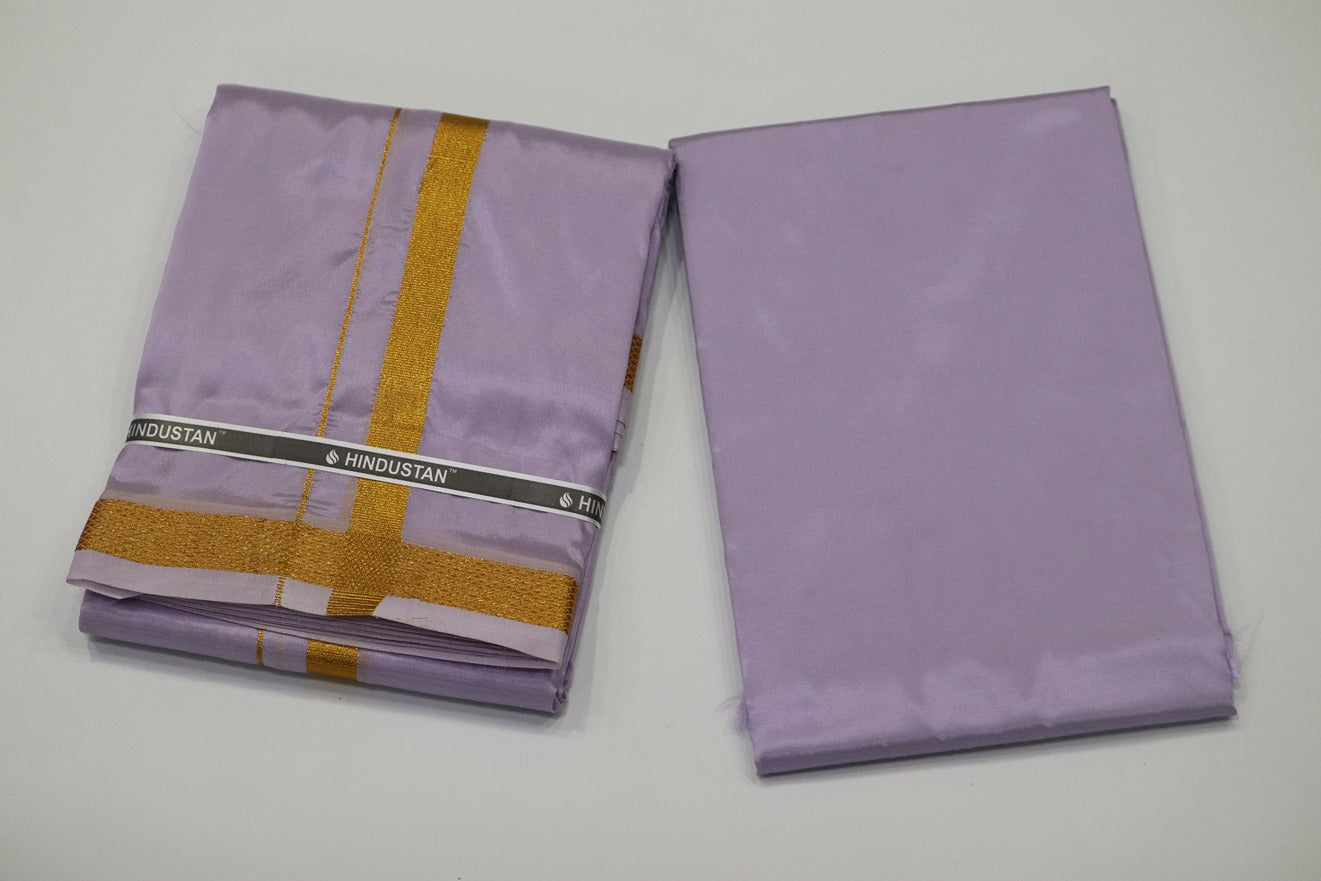 Artsilk Ultra Violet Shirt Material + Dhoti with 50k Gold Border Set