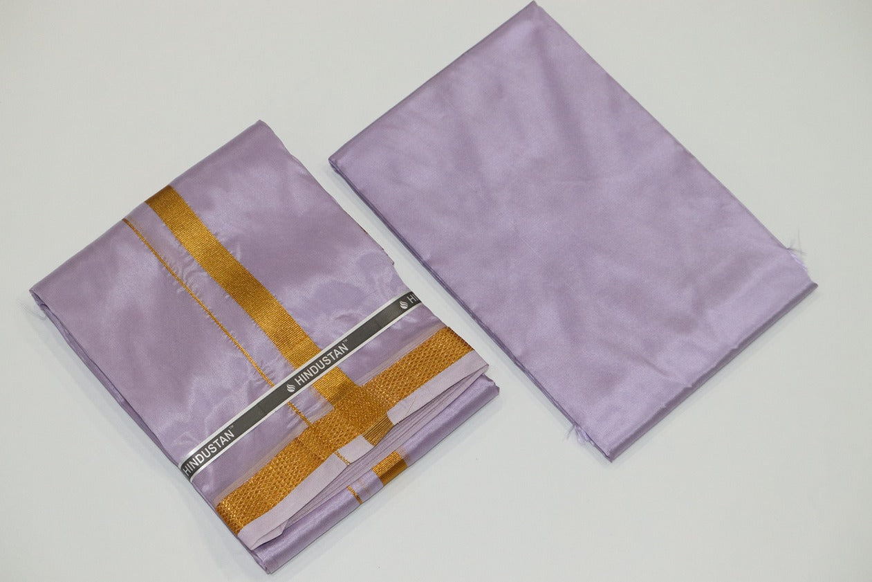 Artsilk Ultra Violet Shirt Material + Dhoti with 50k Gold Border Set