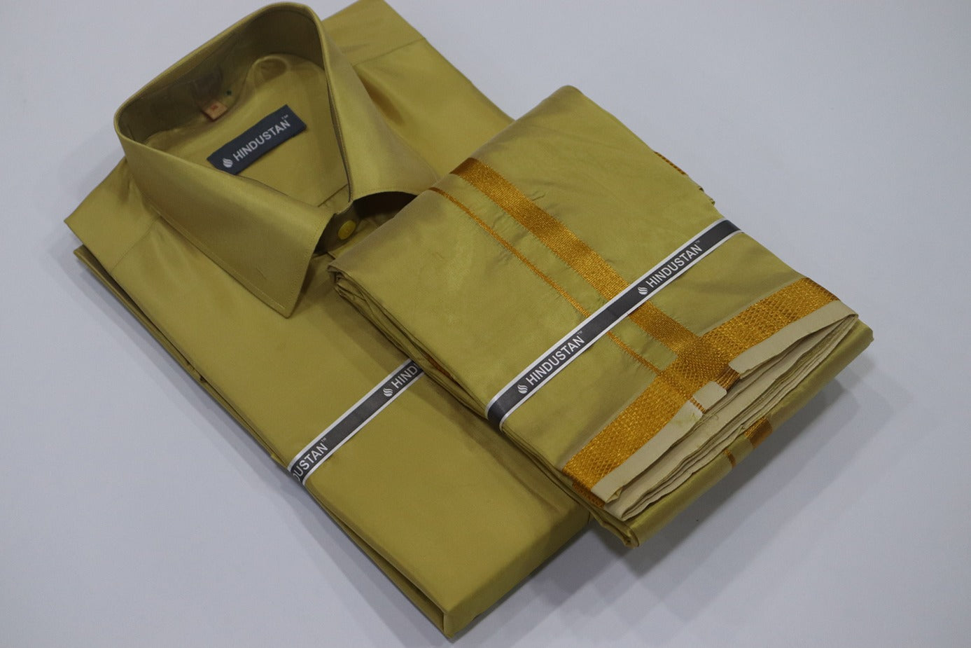 Artsilk Metallic Gold Shirt + Dhoti with 50k Gold Border Set - Full Sleeve