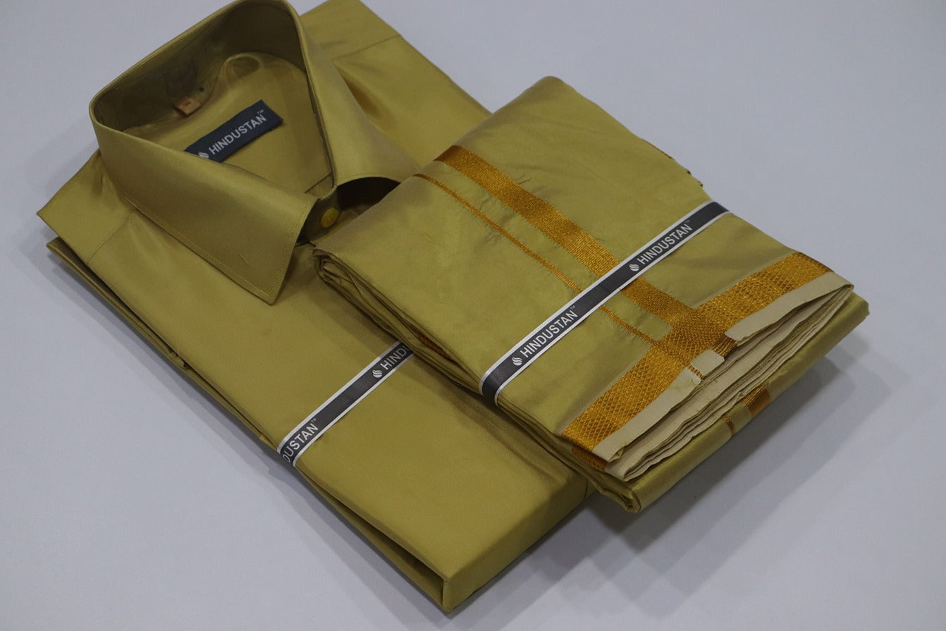 Artsilk Metallic Gold Shirt + Dhoti with 50k Gold Border Set - Full Sleeve